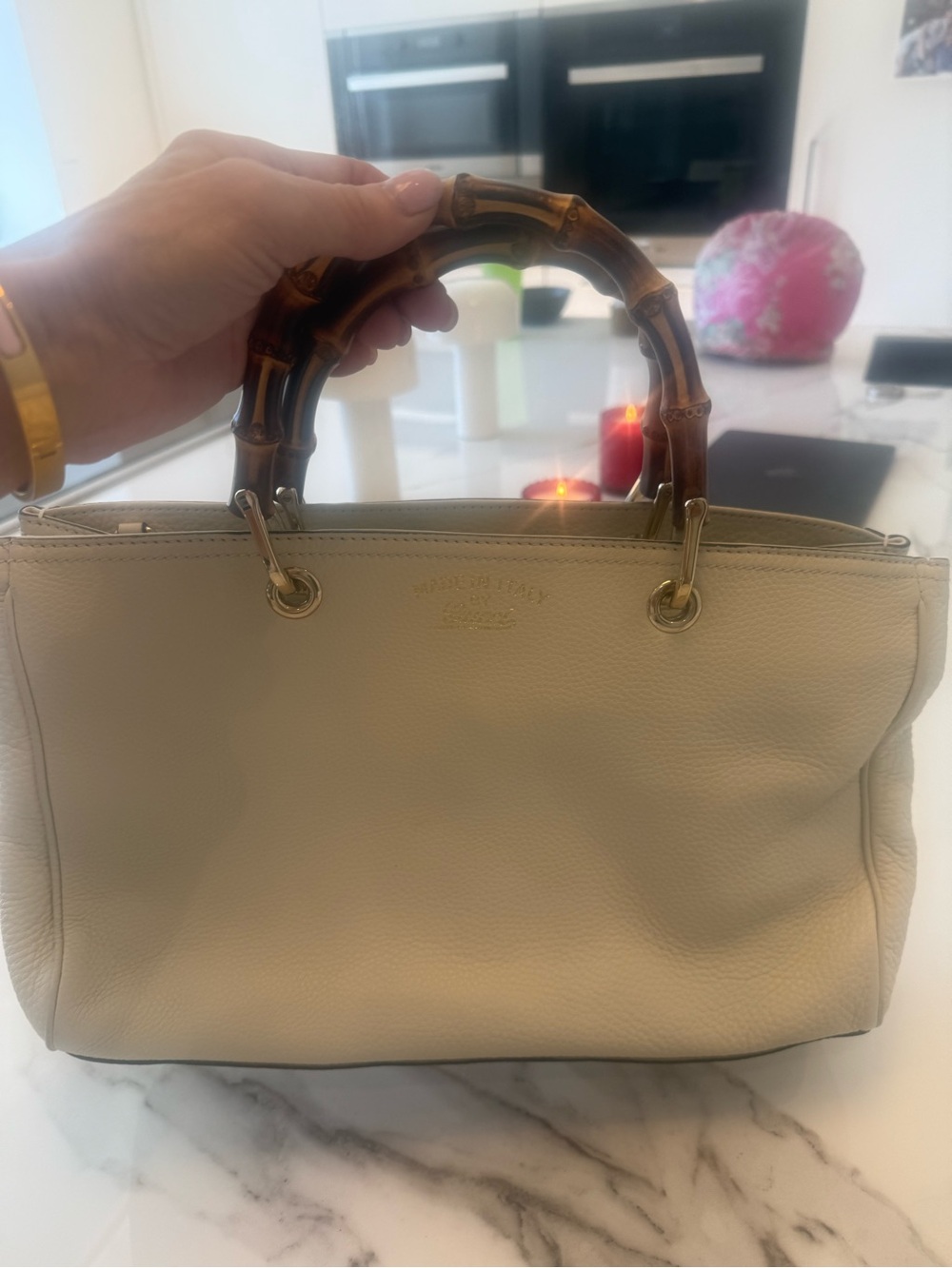 Gucci Cream Leather Satchel with Bamboo Handles